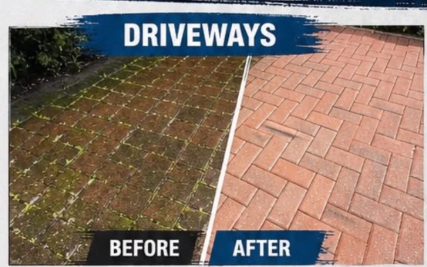 Driveway before and after cleaning — moss and weeds removed, block paving restored