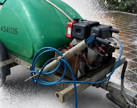 LB Industrial Cleaning's jet-wash rig in action, spraying down a block-paved driveway